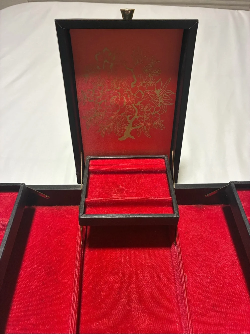 Vintage Black Leatherette Jewelry Box with Red Velvet Interior